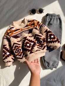 SHEIN 男女嬰兒/幼兒 2件組秋冬保暖內裡加厚可愛毛絨運動衫套裝，嬰兒冬季套裝/衣物，聖誕 - 淺灰色 - 查看 6