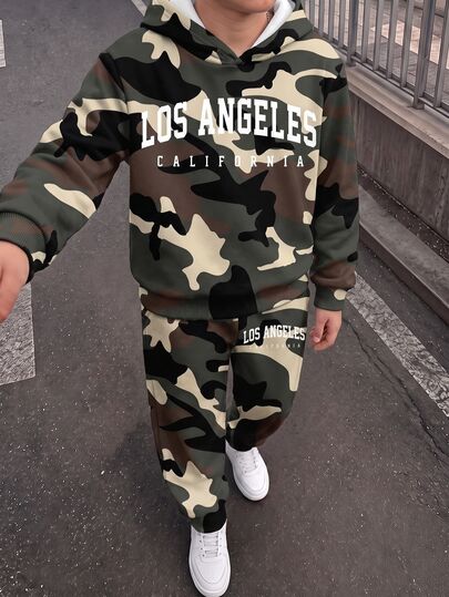 Tween Boy Casual Minimalist Long Sleeve Hooded Comfortable Sweatshirt 2 Pieces Set, Suitable For Autumn/Winter, Classic Cool Camouflage Pattern Print, Classic Travel City Name Text Print, Los Angeles, California Text Print