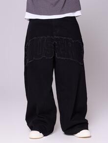 Super Oversized Musero Front Applique Denim Jeans Front Zipper Fastening Autum Winter Essentials - Black - View 2