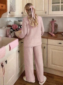 DAZY Autumn/Winter Simple Knit Women's Pajama Set For Home - Pink - View 2