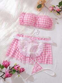 Spicy Aura Sexy Sweet Cute Plaid Lace-Up Contrast Color Maid Lingerie Set 4pcs Red & White - Pink - View 1