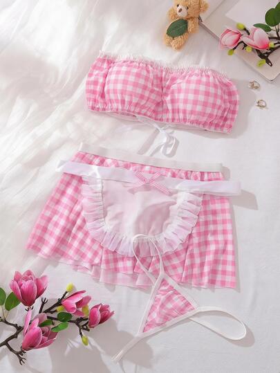 Spicy Aura Set Pakaian Dalam Pelayan Seksi Manis Imut Motif Kotak-kotak dengan Tali Pengikat dan Warna Kontras, 4 Potong Merah & Putih