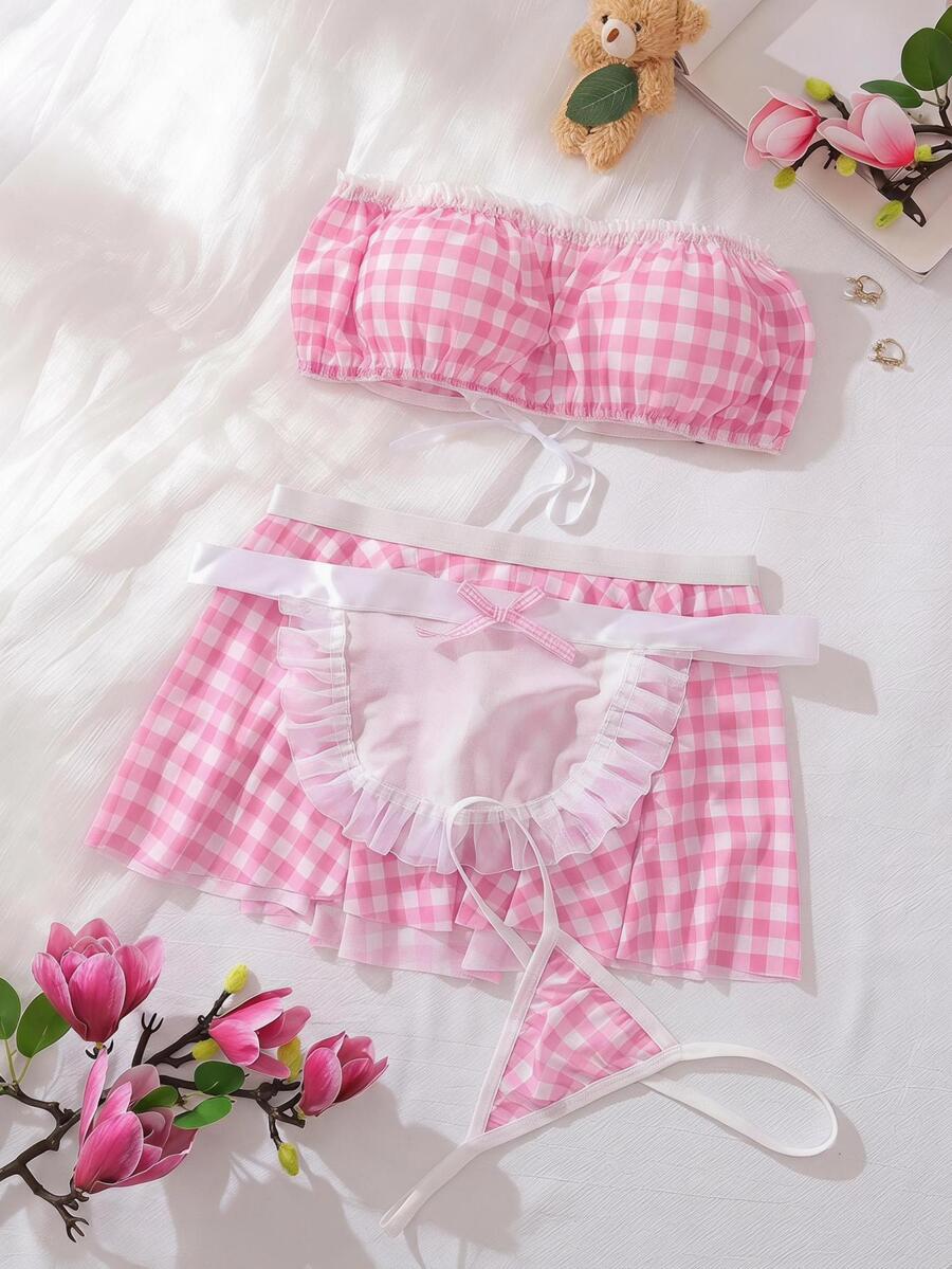 Spicy Aura Sexy Sweet Cute Plaid Lace-Up Contrast Color Maid Lingerie Set 4pcs Red & White - Pink - View 1