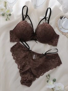 DelicateAllure 女款蕾絲拼接細肩帶內衣與三角內褲性感內衣套裝 - 咖啡棕 - 查看 3