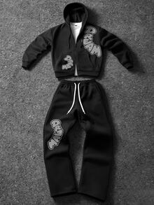 Manfinity EMRG Men's Streetwear 2 Pieces Set, Bubble Letter Print Zip-Up Hoodie + Wide Leg Sweatpants Hip Hop Street Sports Outfit - Black - View 1