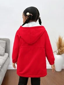 女童小女孩秋冬可愛卡其色百搭休閒抓絨內裡連帽外套 - 紅色 - 查看 2