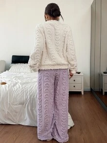 Napfluff Embroidered Heart Jacquard Long Plush Casual Women's Pajama Set - Purple - View 3