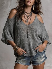 Solivie 女款度假休閒拼色條紋露肩細肩帶針織上衣 秋季女裝休閒上衣 棕色上衣 - 灰色 - 查看 6
