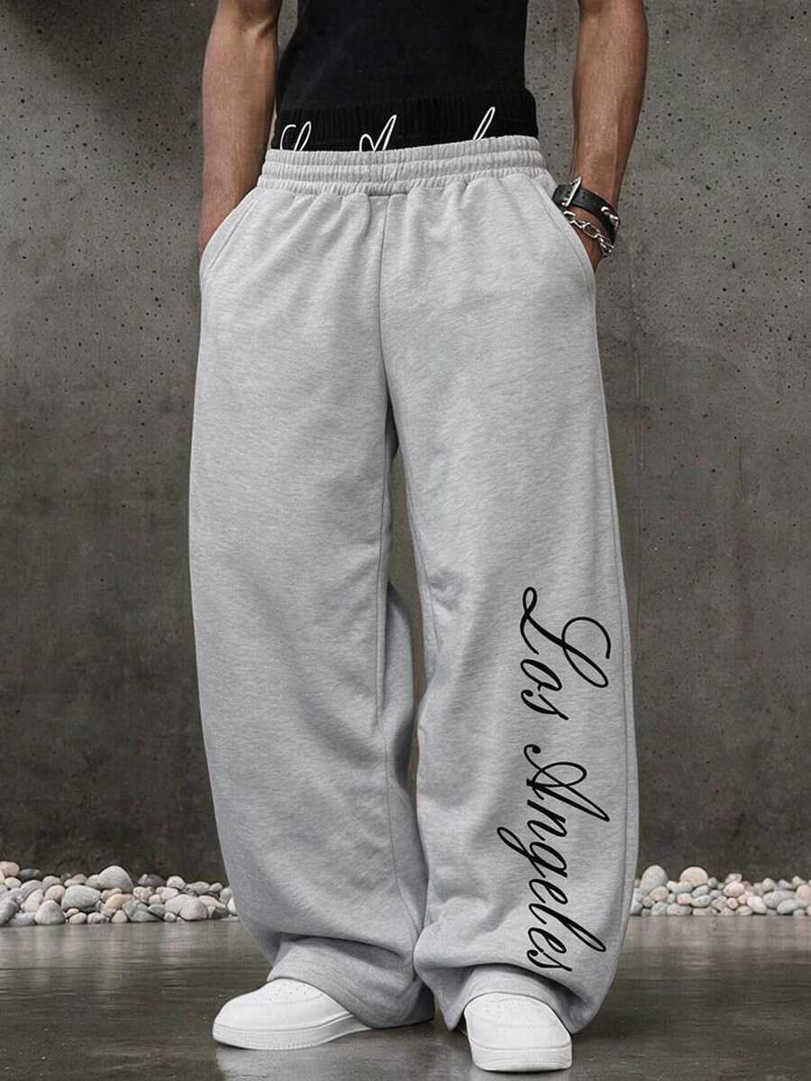 SHEIN 青少年男孩字母印花鬆緊腰寬腿寬鬆休閒運動長褲 - 灰色 - 查看 1