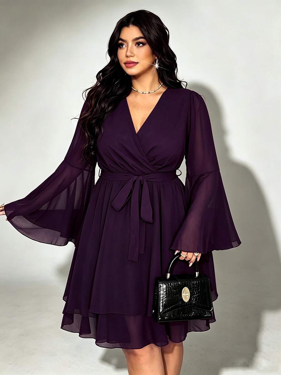 Viva Relle 大尺碼酒紅色雪紡優雅溫柔V領收腰A字短洋裝,適合四季穿著,優雅通勤與約會穿搭 - Purple Wisdom - 查看 1