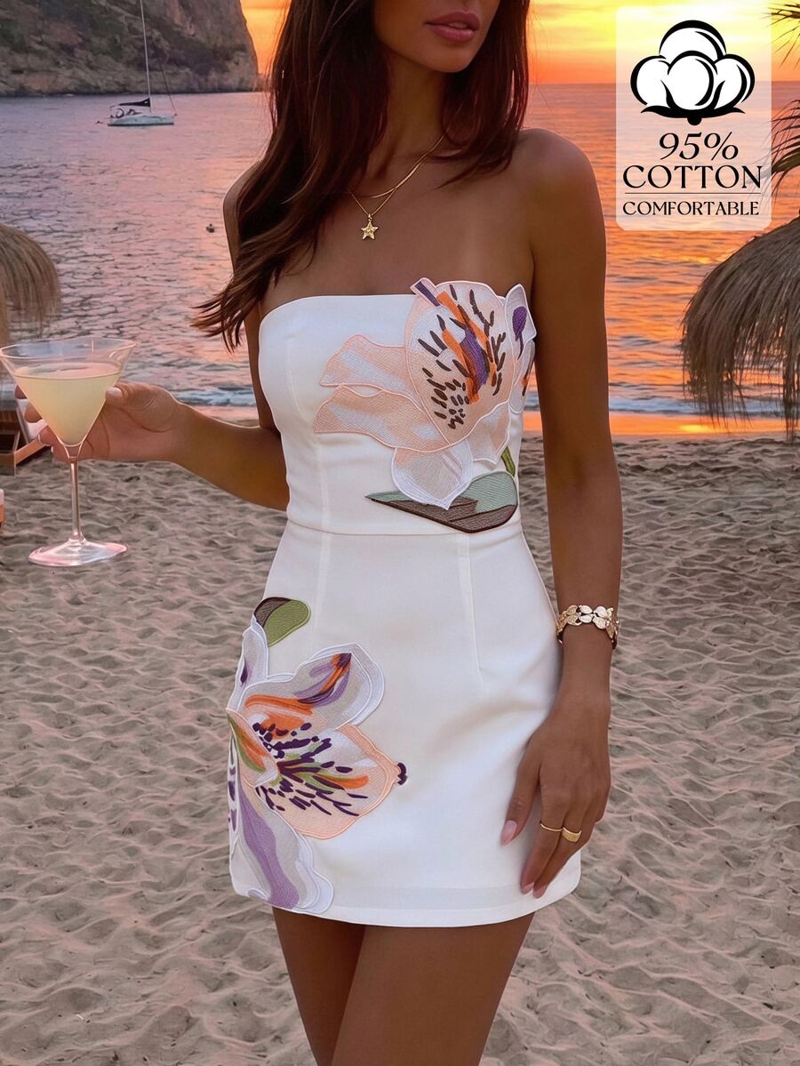 Opulessa Women's Vacation Applique Fashion Bandeau Mini Dress Beach ...