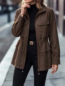 Editum Women's Solid Color Pocket Adjustable Waist Thermal Lined Winter Jacket - Brown - View 4