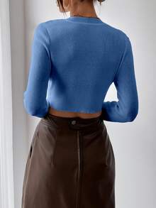 SHEIN Women's Soft Ribbed Cropped Long Sleeve Sweater For Daily Wear - Baby Blue - View 2