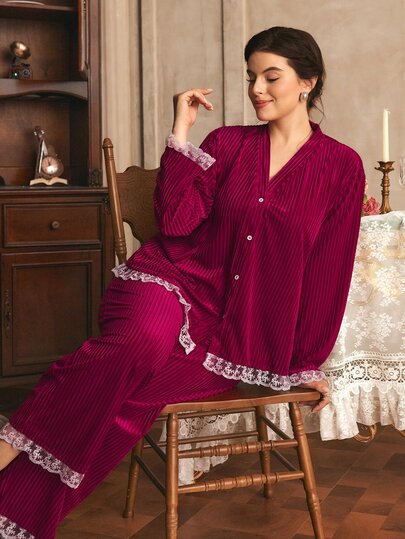 Côtesoire Plus Size Women's French Elegant Velvet Contrast Color Lace Long Sleeve Pants Pajama Set