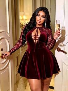 NU&NOW Women's Burgundy Velvet Lace Long Sleeve Hollow Chest Tie Front A-Line Party Short Dress - Burgundy - View 5