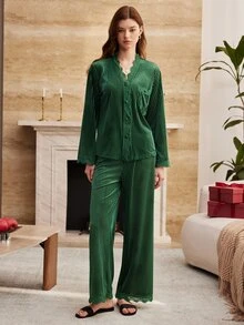 Moireta Women's Minimalist Elegant Glossy Velvet Long Sleeve Pants Pajama Set - Dark Green - View 3
