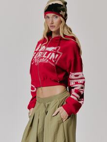 MUSERA Graphic Printed Zip Through Cropped Hoodie Cute Daily Vintage Y2K Back To School Primary - Red - View 4