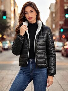 Editum Women's Winter Padded Coat With Pockets And Zipper Long Sleeve - Black - View 9