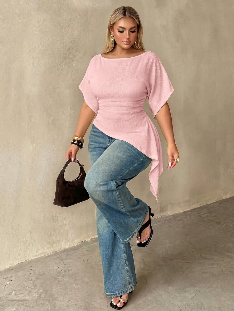 Auralis Plus Size Women Solid Color Boat Neck Batwing Short Sleeve Ruched Asymmetrical Hem Fashion T-Shirt Casual Daily Office Business Work T-Shirt For Women - Pink - View 4