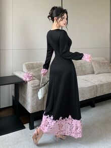 Feyla Women's Curved Square Neckline Contrast Lace Long Sleeve Elegant Midi Dress - Black - View 2