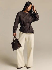 COSMINA Women's Long Sleeve Brown Striped Shirt With Belt And Asymmetrical Hem, Autumn/Winter - Brown - View 4
