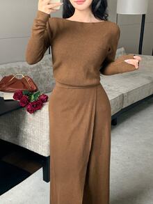 Modelyn Gaun Sweater Lengan Panjang Wanita Model Bahu Terbuka dengan Pinggang Tinggi dan Detail Ikat, Musim Gugur/Dingin - Coklat - View 3