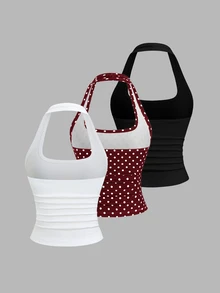 Sweetra 3pcs Summer French Fashion Polka Dot & White, Pale Yellow Backless Cinched Waist Sexy Casual Versatile Women's Halter Tank Top Set - Multicolor - View 2