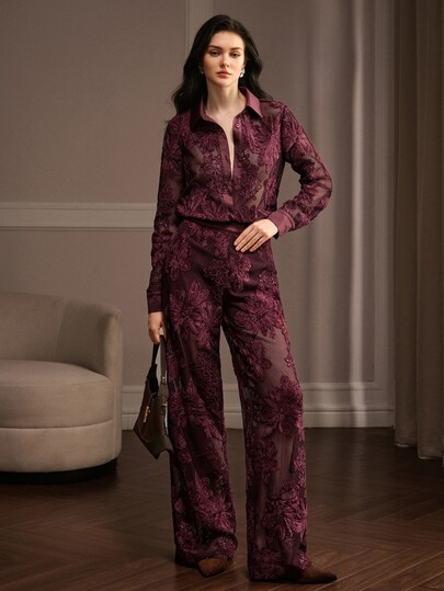 Anewsta Women's Autumn/Winter New High-End Fashion Elegant Deep Purple-Red 3D Velvet-Feel Embroidered Jacquard Shirt And Pants Set