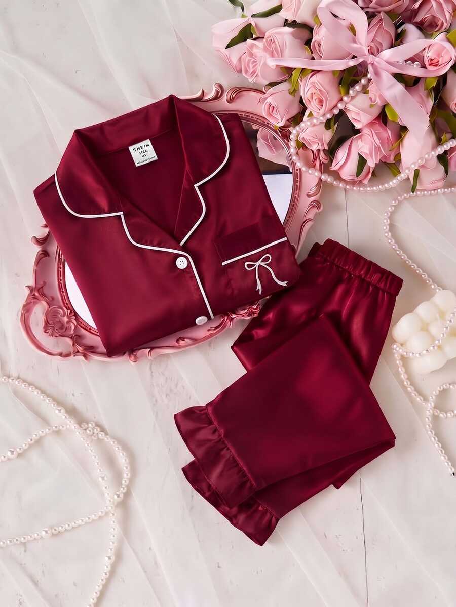 Girls' Solid Color Satin Ruffle Sleeve Long Top And Pants With Pockets Embroidery 2 Pieces Set, Spring/Fall Autumn/Winter Soft Cozy Cute Loungewear - Red - View 1