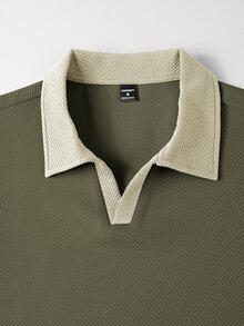 Manfinity Homme 男士拼色領長袖 Polo 衫，休閒外出款，適合丈夫，秋季，正式場合 - 綠色 - 查看 7