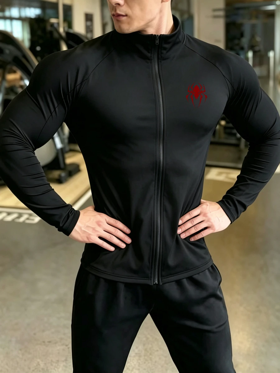 GymBeat Men's Spider Pattern Zipper Casual Daily Long Sleeve Sports Jacket Fall - Black - View 1