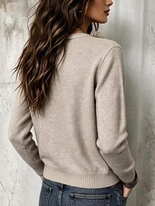Breezaya Elegant Women's Cardigan With Double-Sided Ruffled Trim, Single-Breasted Front And Long Sleeve Design - Khaki - View 2