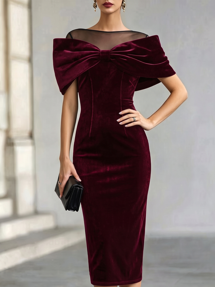 Balvessa Elegant Women's Mid-Length Dress Spring Summer Autumn Black Velvet Holiday Date Party Cocktail Banquet Bow Decor Mesh Patchwork - Burgundy - View 3
