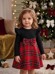SHEIN Baby Girl Round Neck Long Sleeve Patchwork Plaid Hem Bow Decor Cute Dress - Red - View 3