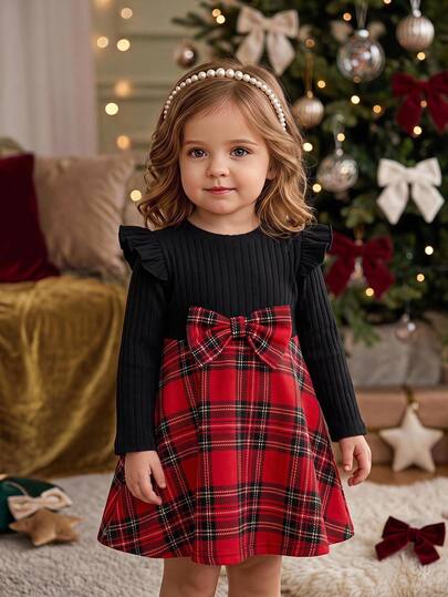 SHEIN Baby Girl Round Neck Long Sleeve Patchwork Plaid Hem Bow Decor Cute Dress