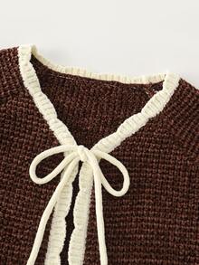 INAWLY Women's Thick Textured Short Knit Cardigan, Contrast Color Ruffle Bowknot Long Sleeve Loose Short Sweater Jacket - Coffee Brown - View 5