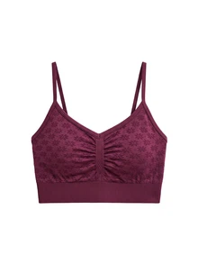 Nöista Activewear Seamless Sports Bra With Floral Jacquard In Bugundy, With Front Gathering Perfect For Fall Winter, Gym Barre Yoga - Burgundy - View 10