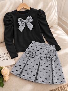 SHEIN Tween Girls Puff Long Sleeve Bow Top And Pleated Skirt Two Pieces Preppy Outfit Set - Multicolor - View 9