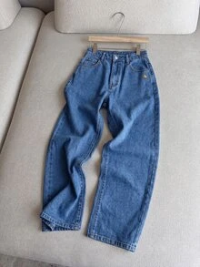 Mori Grove Mori Grove Women's Fashion Embroidered Logo Washed Denim Straight Leg Pants - Medium Wash - View 1