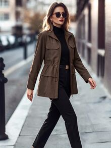 Editum Women's Solid Color Pocket Adjustable Waist Thermal Lined Winter Jacket - Brown - View 7