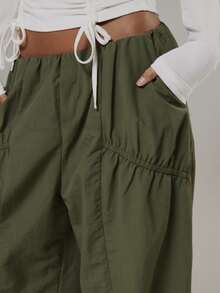 Musera Sport Ruched Detail Waist Loose Fit Low Rise Parachute Style Trouser Active Outdoors Workout Gym Terra Peak - Green - View 5
