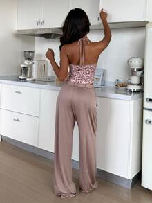 ZzzCrew Sexy Leopard Print Spaghetti Strap Camisole & Wide Leg Pants 2 Pieces Set, Slim Fit Backless Loungewear Outfit - Khaki - View 2