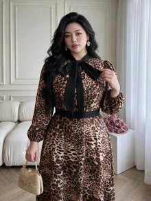 Vibekara 大尺碼女款休閒極簡性感通勤豹紋梭織長袖洋裝，秋季 - 彩色 - 查看 6