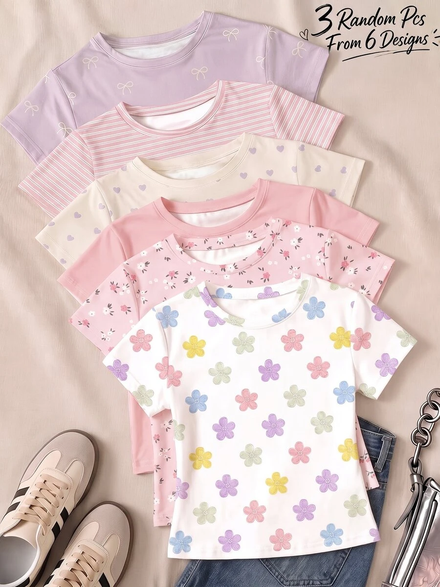 3PCS Tween Girls T-Shirts - Multicolor - View 1