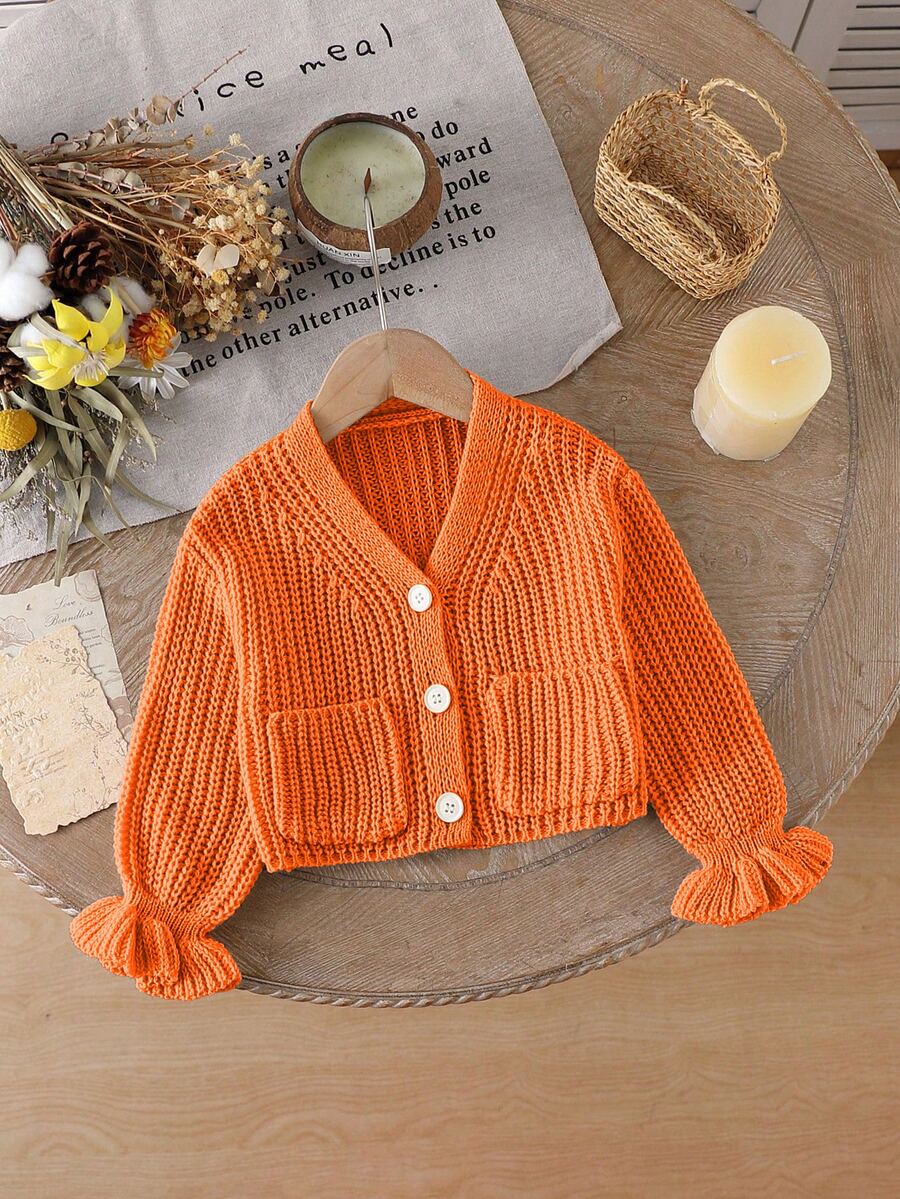 SHEIN 1pc Baby Girls' V-Neck Sweater,Light Beige,Autumn,Cute,Family Matching Knit Cardigan Jacket With Symmetrical Pockets,Ruffle Hem,Ribbed Cuffs,Soft Knit - Orange - View 1