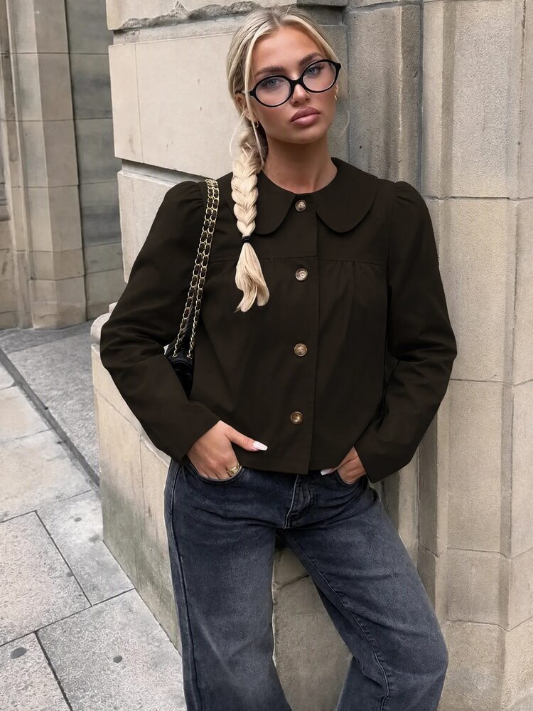 Aloruh Khaki Romantic Cute Vacation Autumn/Winter Peter Pan Collar A-Line Petal Sleeve Short Trench Coat Jacket For Women - Coffee Brown - View 5