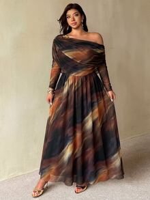 Auralis Plus-Size Off-Shoulder Dress With A Fitted Waist And Flared Skirt / Brown Tie-Dye Dress / High-Stretch, Comfortable Mesh Dress - Brown - View 7