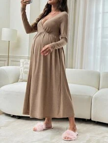 Slowluna Gaun Menyusui Hamil dengan Desain Lipit, Gaya Minimalis untuk Wanita Hamil dan Pasca Melahirkan - Coklat - View 6
