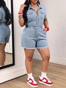 Slaydiva Plus Size Jacquard Button Pocket Frayed Hem Denim Romper - Blue - View 4