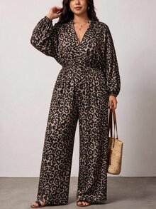 Truni Plus-Size Women's Retro Leopard Print Waist-Cinching Long-Sleeved JumpsuitPear Body,Triangle Body - Multicolor - View 5